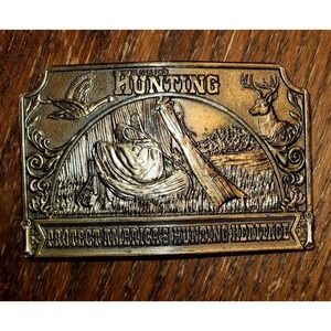 Vintage 1976 Lewis Buckles Petersen Hunting Belt Buckle Deer Duck Brass - USA